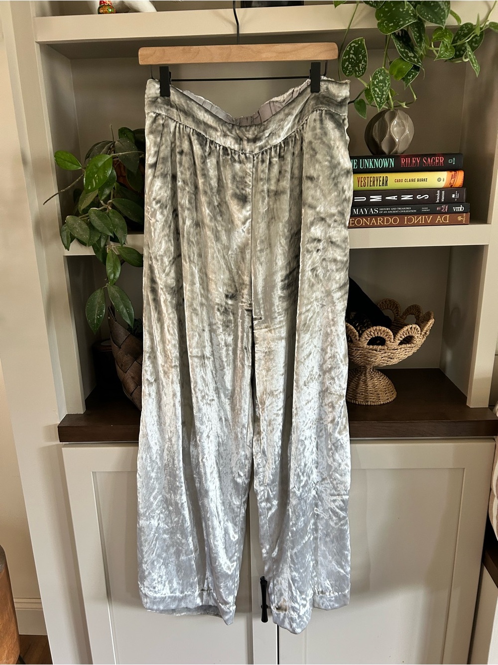 Anthropologie Silver Crushed Velvet Wide-Leg Pants